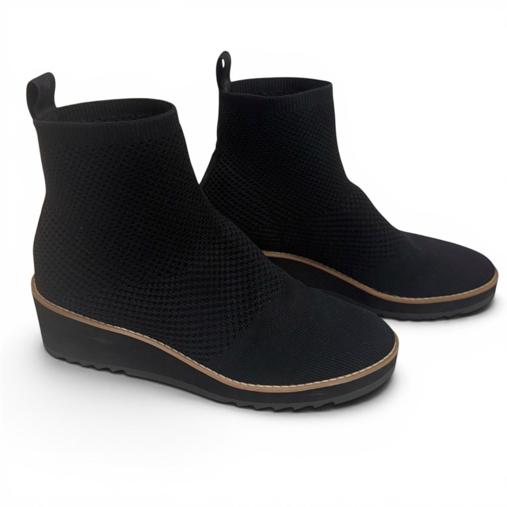 Eileen Fisher London Recycled Stretch Knit Bootie Black Wedge Boots Size 9 Nice!